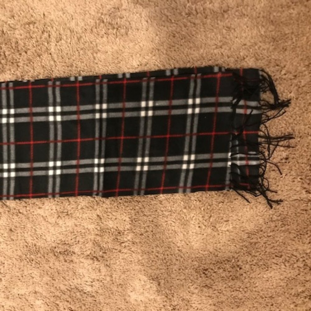 Red, gray & black plaid scarf with fringe